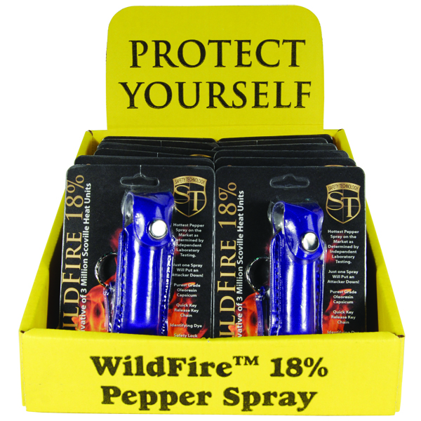 Wildfire 1.4% MC 1/2 oz pepper spray leatherette holster and quick release keychain blue